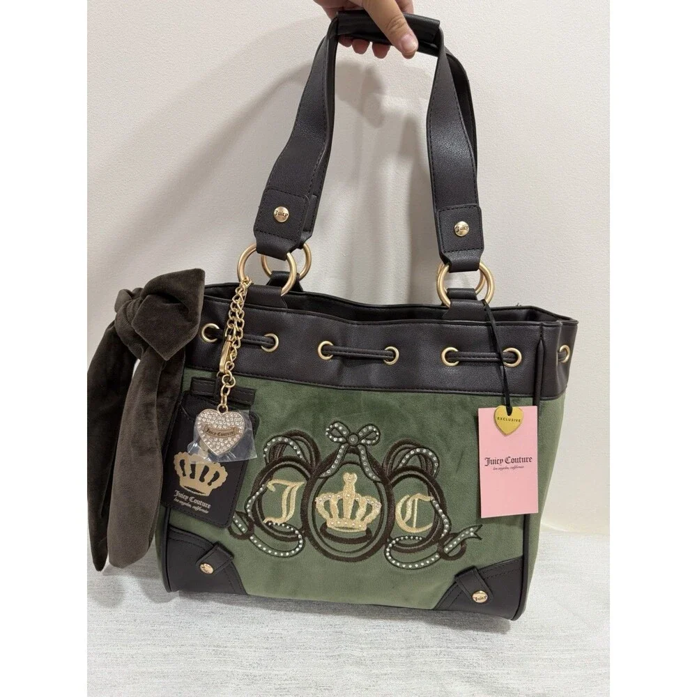 New Juicy Couture Lovers Club Green Brown Daydreamer Tote Shoulder Handbag Charm